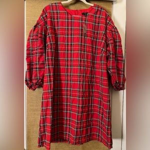 J.Crew Puff-Sleeve Dress in Good Tidings Plaid NWT Color Red/Black/Multi Size 2X